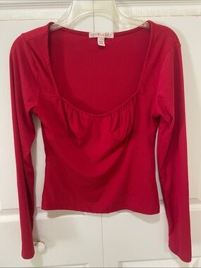 Eye Candy Top in Cherry Red Ribbed Long-Sleeve Scoop Neck size L pit 16